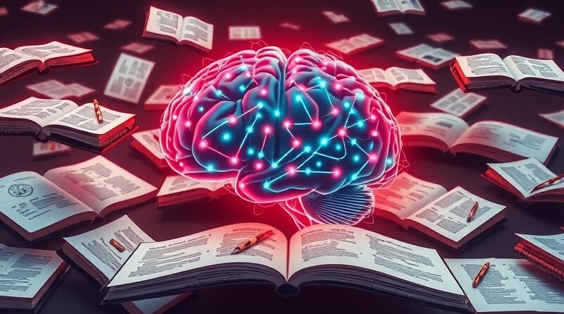 Świecący cyfrowy mózg otoczony notatnikami, diagramami i połączonymi węzłami symbolizuje NotebookLM z AI Gemini.