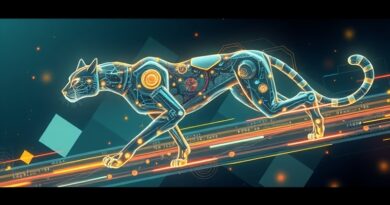 Abstrakcyjny robot-gepard adaptuje się w cyfrowym krajobrazie; meta-uczenie maszynowe, niebiesko-fioletowa elegancja.