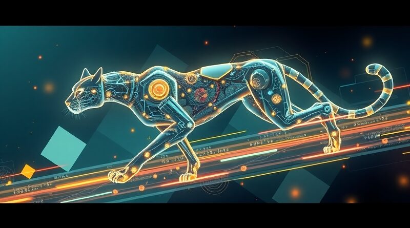Abstrakcyjny robot-gepard adaptuje się w cyfrowym krajobrazie; meta-uczenie maszynowe, niebiesko-fioletowa elegancja.