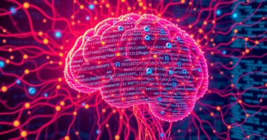 Abstrakcyjny mózg cyfrowy spleciony ze strumieniami kodu, wizualizacja sieci neuronowej, futurystyczne, żywe kolory.