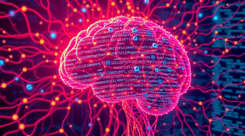 Abstrakcyjny mózg cyfrowy spleciony ze strumieniami kodu, wizualizacja sieci neuronowej, futurystyczne, żywe kolory.