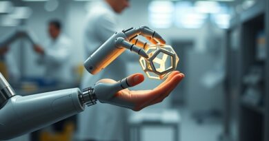 Robot delikatnie wspiera dłoń człowieka przy precyzyjnym montażu, symbolizując bezpieczeństwo i współpracę.