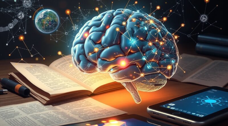 Świecący mózg z obwodów i gwiazd, AI łączy się z ludzką wiedzą. Nauka w erze technologii.