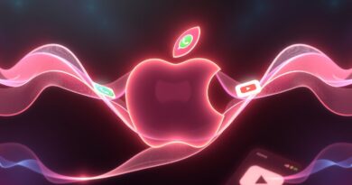 Abstrakcyjne fale dźwiękowe łączą się w logo Apple, otoczone ikonami popularnych aplikacji w pastelowych barwach.
