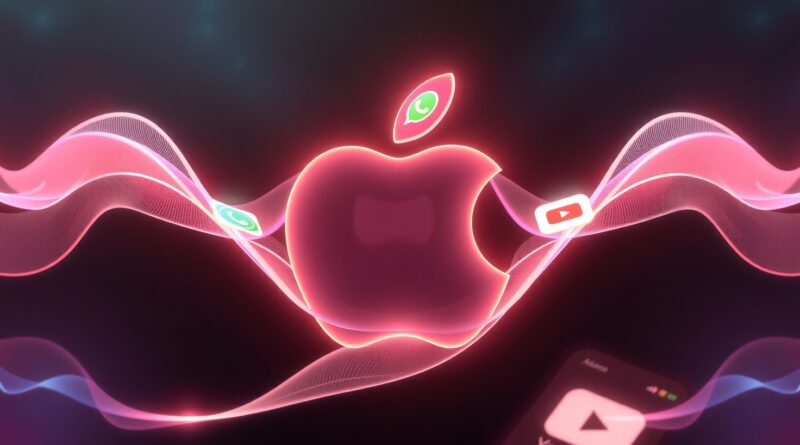 Abstrakcyjne fale dźwiękowe łączą się w logo Apple, otoczone ikonami popularnych aplikacji w pastelowych barwach.