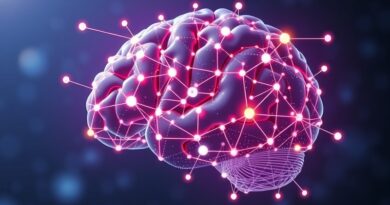 Abstrakcyjny, świecący mózg z węzłów i połączeń nerwowych, symbol LLM, z subtelną nakładką kodu.