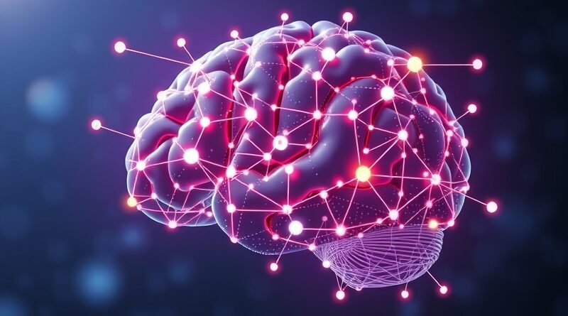 Abstrakcyjny, świecący mózg z węzłów i połączeń nerwowych, symbol LLM, z subtelną nakładką kodu.