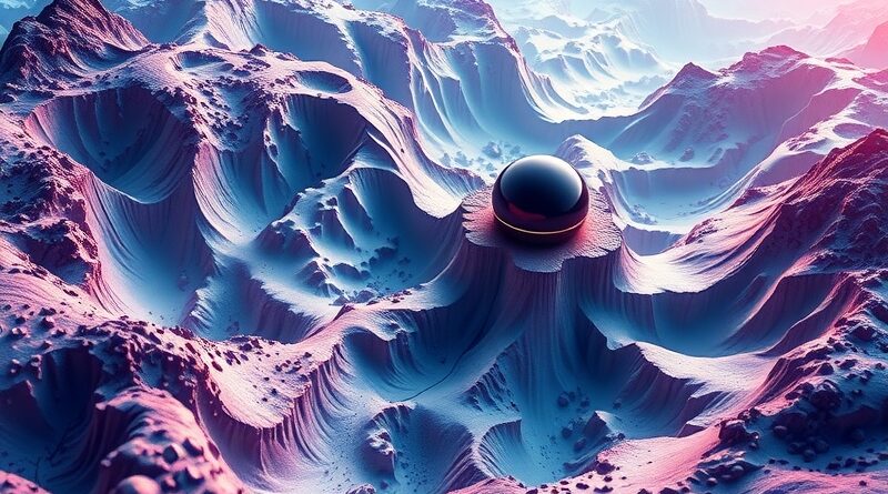 Abstrakcyjna wizja optymalizacji uczenia maszynowego FOP: futurystyczny nawigator pokonuje kolorowy krajobraz kosztów treningu AI.