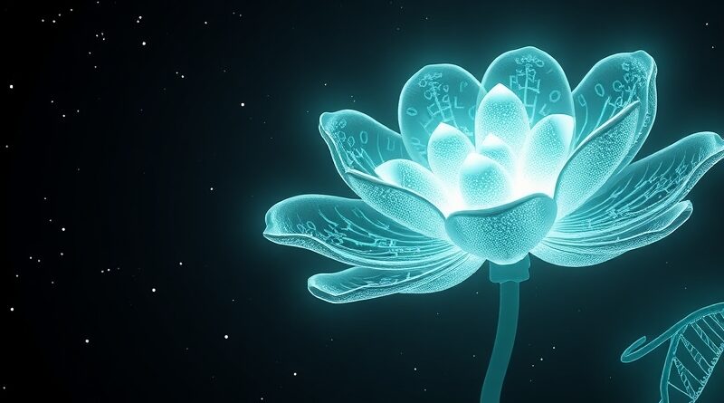 Bioluminescencyjny kwiat z DNA na tle kosmosu, symbolizujący AI w projektowaniu leków.