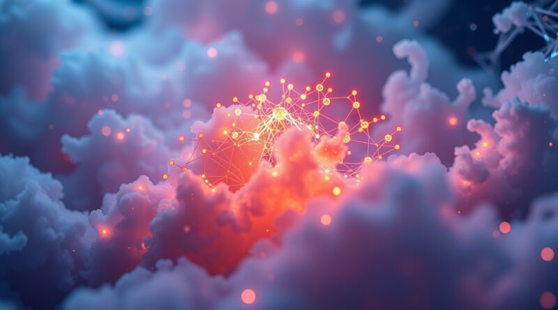 Świecąca sieć neuronowa w iryzujących chmurach, symbolizująca rozumowanie i uczenie ze wzmocnieniem w AI.