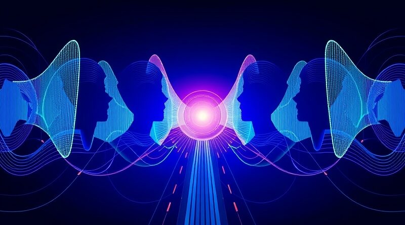 Abstrakcyjne sylwetki ludzkie z fal dźwiękowych połączone siecią, symbolizują rozpoznawanie mowy Nvidia Streaming Sortformer.