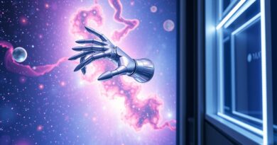 Futurystyczne ramię robota dotyka abstrakcyjnej galaktyki, symbolizując fizyczną AI i kosmiczną robotykę Nvidia Cosmos.