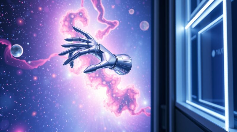 Futurystyczne ramię robota dotyka abstrakcyjnej galaktyki, symbolizując fizyczną AI i kosmiczną robotykę Nvidia Cosmos.