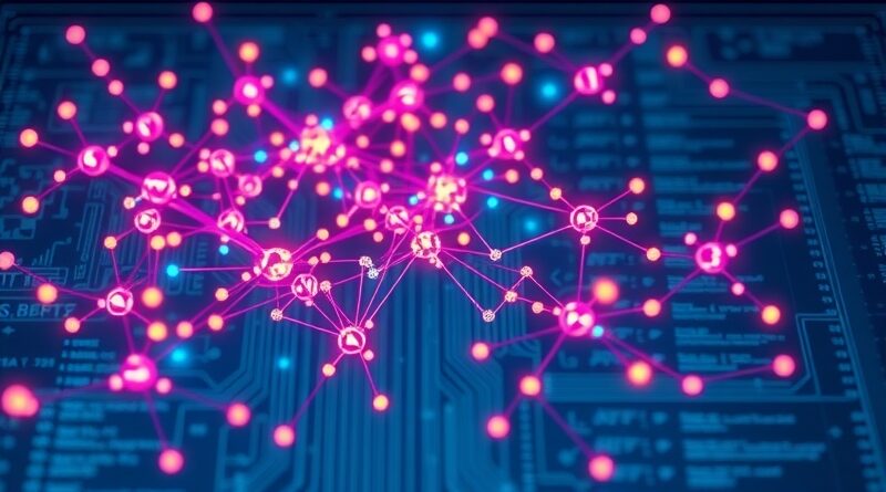 Abstrakcyjna sieć połączeń symbolizuje monitorowanie i optymalizację agentów AI, zapewniając ich niezawodność i bezpieczeństwo.