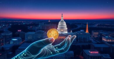 Surrealistyczna wizja Waszyngtonu: Capitol z kodu, dłoń z dolarem, nocne niebo, obwody drukowane.