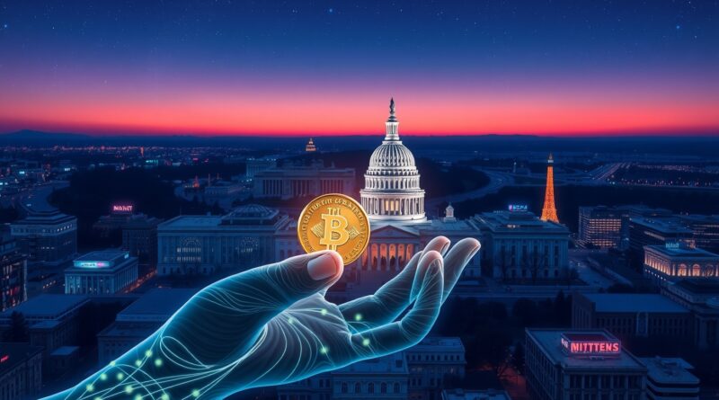 Surrealistyczna wizja Waszyngtonu: Capitol z kodu, dłoń z dolarem, nocne niebo, obwody drukowane.