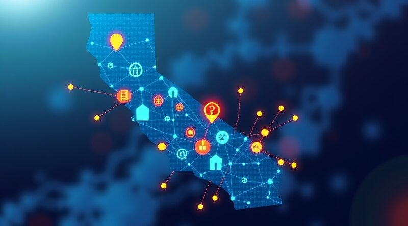 Stylizowana sieć neuronowa w kształcie Kalifornii. Ikony: praca, produktywność, bezpieczeństwo. Kolory: niebieski, zielony, pomarańczowy, czerwony.