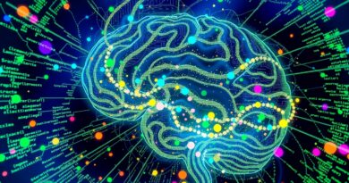 Abstrakcyjna wizja open-source intelligence: wir kodu, mózg, serwery, dane. Kolory: niebieski, zielony, fiolet.