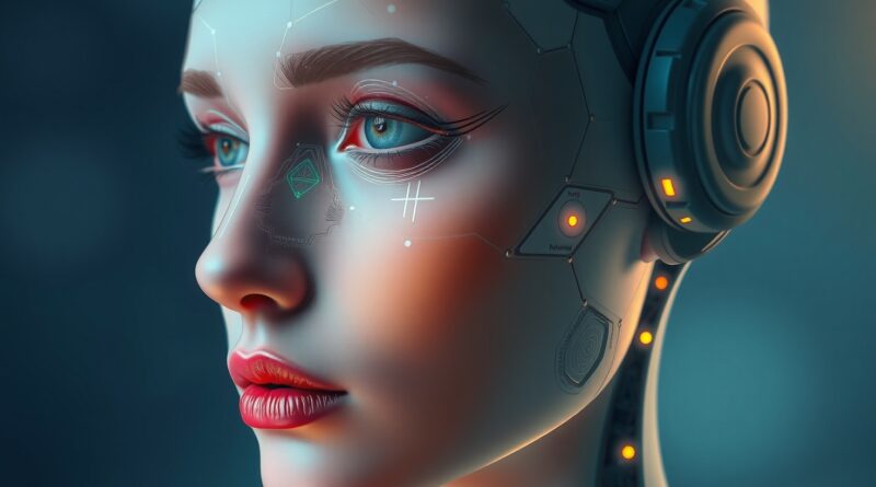 Robotyczna twarz transformuje się w ludzką. Abstrakcyjne, eteryczne ujęcie. Metafora ocieplania wizerunku GPT-5.