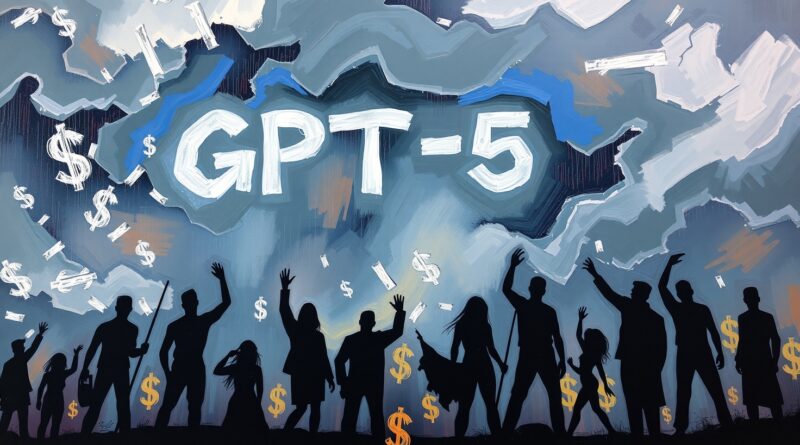 Burzowe niebo z napisem "GPT-5", deszcz fragmentów znaków dolara i sylwetki firm AI.