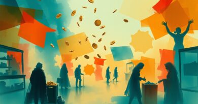 Abstrakcyjna scena rynku AI: błękity i zielenie przechodzą w ciepłe barwy, padający deszcz eterycznych monet.