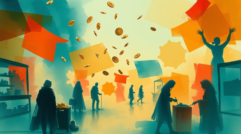 Abstrakcyjna scena rynku AI: błękity i zielenie przechodzą w ciepłe barwy, padający deszcz eterycznych monet.