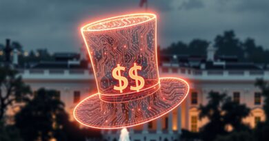 Neonowy kapelusz Wujka Sama z kodów, unoszący się nad rozmytym Białym Domem, symbolizuje sztuczną inteligencję w rządzie.