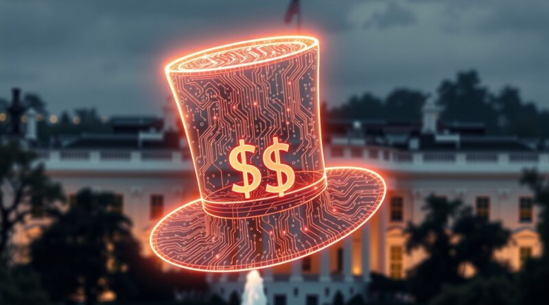 Neonowy kapelusz Wujka Sama z kodów, unoszący się nad rozmytym Białym Domem, symbolizuje sztuczną inteligencję w rządzie.