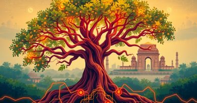 Banyan z korzeniami-obwodami scalonymi i neuronalną koroną symbolizuje AI i Indię. W tle futurystyczne New Delhi.
