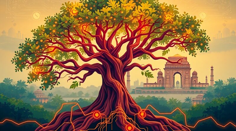 Banyan z korzeniami-obwodami scalonymi i neuronalną koroną symbolizuje AI i Indię. W tle futurystyczne New Delhi.