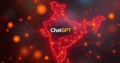 Mapa Indii z linii symbolizujących sieć neuronową, logo ChatGPT, kod binarny w tle.
