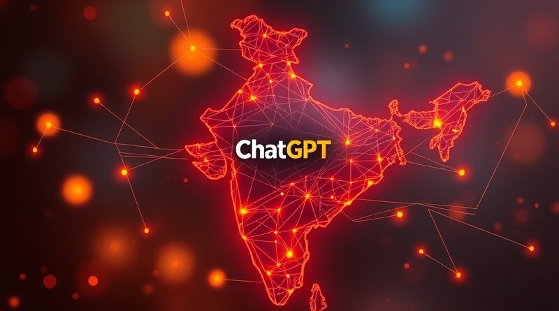 Mapa Indii z linii symbolizujących sieć neuronową, logo ChatGPT, kod binarny w tle.