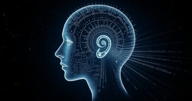 Głowa uformowana z danych, oświetlone ucho, fale dźwiękowe rozpadające się w gwiazdy, futurystyczny cyfrowy portret.