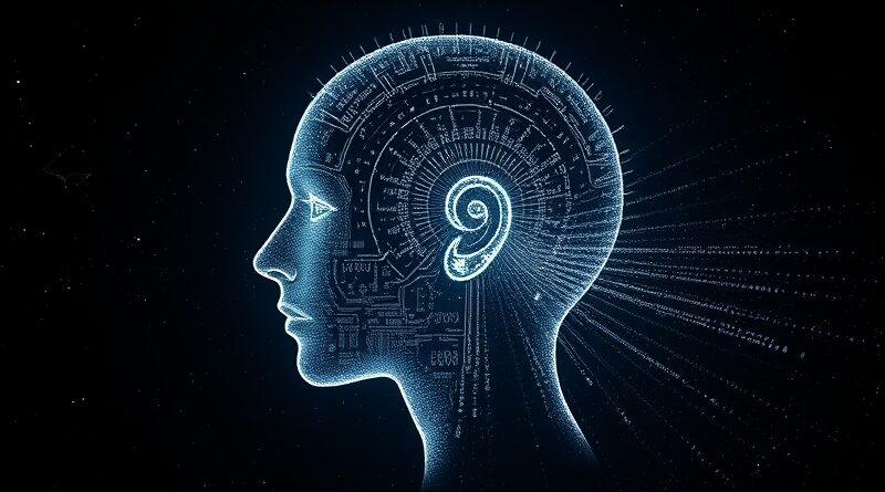 Głowa uformowana z danych, oświetlone ucho, fale dźwiękowe rozpadające się w gwiazdy, futurystyczny cyfrowy portret.