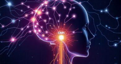 Stylizowana wizja umysłu humanoidalnego robota: świetlisty, kosmiczny system nerwowy z OM1 w centrum.