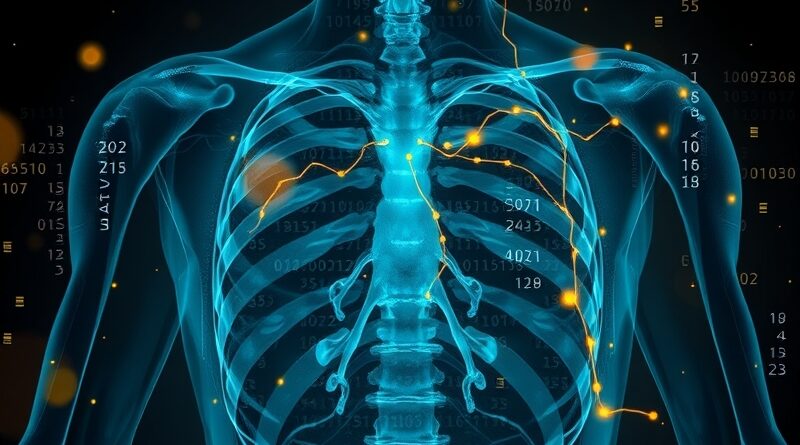 Rozmyte zdjęcie rentgenowskie klatki piersiowej przechodzące w kod binarny z elementami sieci neuronowych. Koncepcja AI w radiologii.