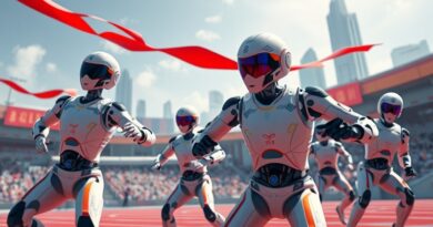 Futurystyczne Igrzyska Robotów Humanoidalnych w Pekinie: roboty rywalizują, łącząc tradycję z nowoczesną technologią.