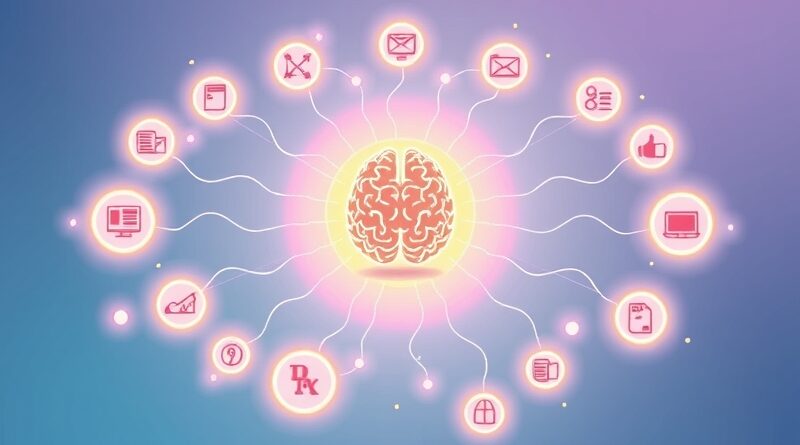 Sieć połączeń wychodząca z mózgu z dolarem do ikon mediów. Współpraca Perplexity AI.