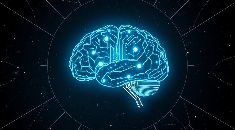 Świecący mózg z obwodami, symbol zaawansowanej sztucznej inteligencji i rozumowania, na tle kosmosu.
