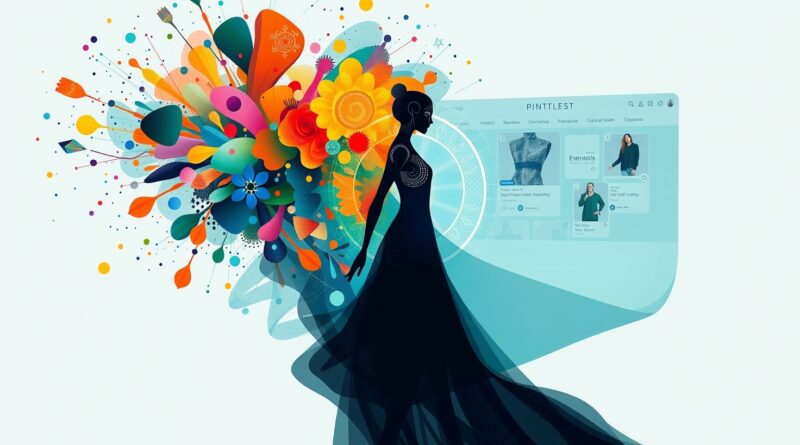 Abstrakcyjna reprezentacja ewolucji AI od chaotycznej innowacji do eleganckiego asystenta zakupów na Pintereście.