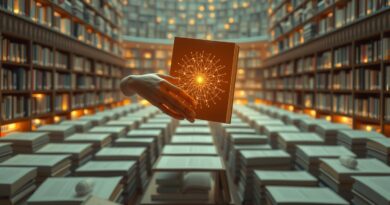 Ilustracja surrealistycznej biblioteki ze świecącymi książkami, symbolizująca AI personalizującą wiedzę i zakupy.