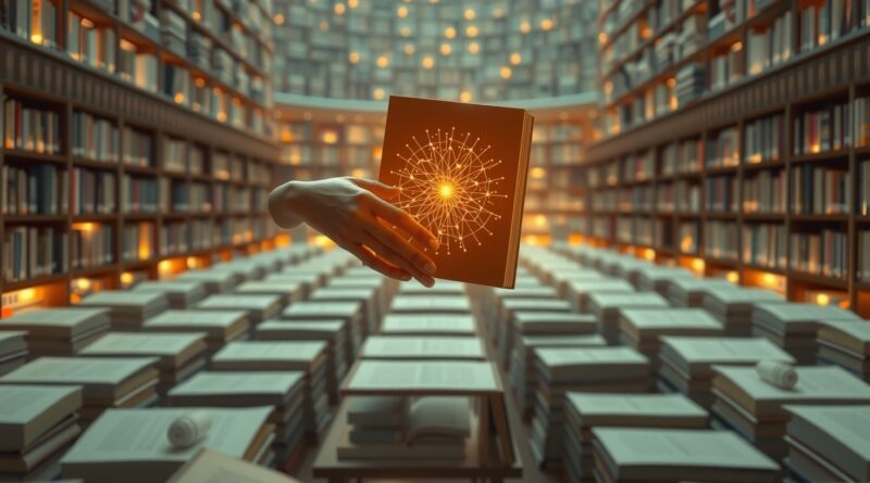 Ilustracja surrealistycznej biblioteki ze świecącymi książkami, symbolizująca AI personalizującą wiedzę i zakupy.