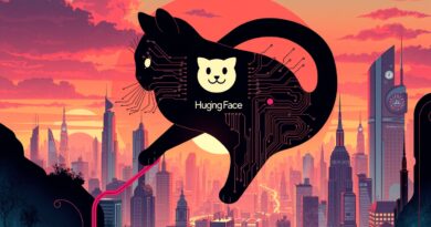 Abstrakcyjna panorama miasta przyszłości z sylwetką kota, strumienie danych i logo Hugging Face w pastelowych kolorach.