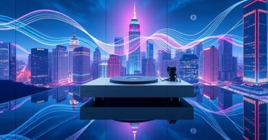 Futurystyczny dyktafon Plaud Note Pro generujący fale dźwiękowe w odblaskowym mieście. Innowacja i dźwięk.