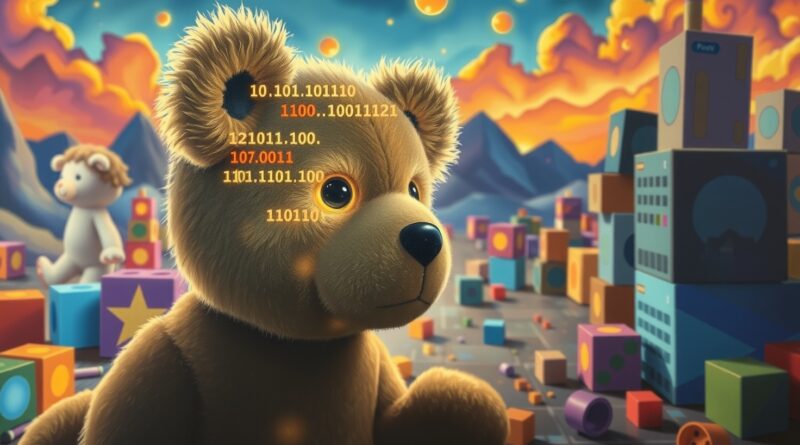 Sylwetka dziecka wpatrzona w pikselowego pluszaka, zabawki przeobrażają się w obwody. Niepokój i fascynacja.