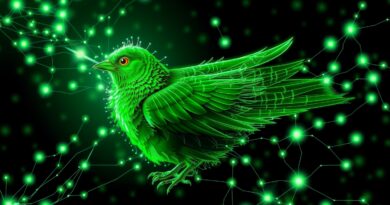 Zielony ptak Duolingo przechodzi w sieć neuronową, symbolizując AI, z zachowaniem ludzkich cech.