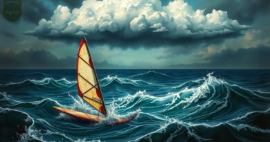 Roztrzaskana deska windsurfingowa na morzu kodu, nad nią chmury w kształcie logo korporacji (Cognition).