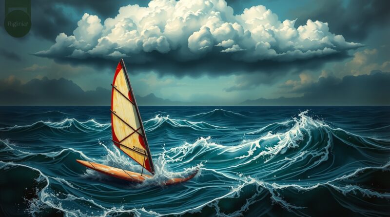 Roztrzaskana deska windsurfingowa na morzu kodu, nad nią chmury w kształcie logo korporacji (Cognition).