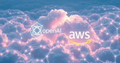 Eteryczny krajobraz chmur z logotypami OpenAI i AWS, spleciony światłem sieci neuronowych symbolizujących AI.