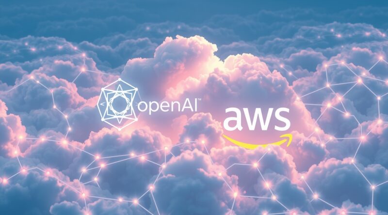 Eteryczny krajobraz chmur z logotypami OpenAI i AWS, spleciony światłem sieci neuronowych symbolizujących AI.